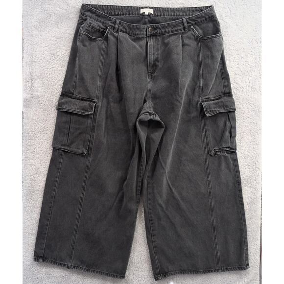 Eloquii Denim Wide Leg Cargo Jeans Plus Size 24 Washed Black High Rise - Picture 1 of 15